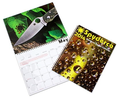 The Spyderco 2014 Wall Calendar shown open and closed