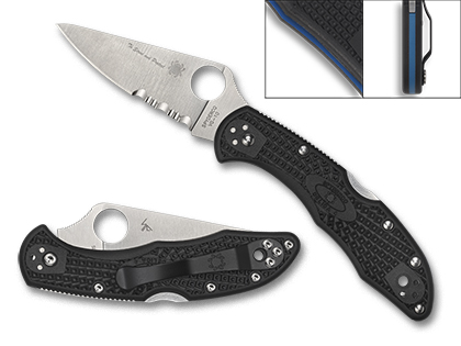 The Delica  4 Lightweight Thin Blue Line Knife shown opened and closed.