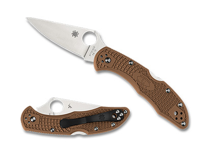 The Delica  4 Lightweight Flat Ground Brown Knife shown opened and closed.