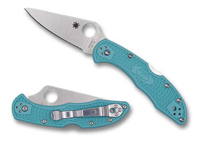 The Delica  4 FRN Teal Flat Ground Exclusive Knife shown opened and closed.