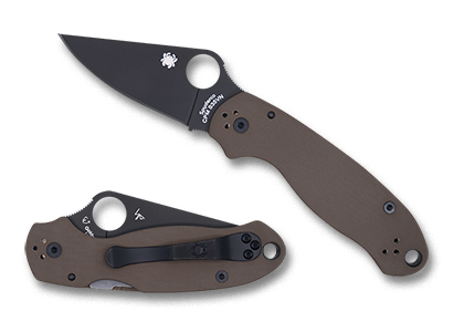 The Para  3 Earth Brown G-10 CPM S35VN Black Blade Exclusive Knife shown opened and closed.