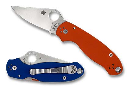 The Para® 3 Orange / Blue G-10 CPM REX 45 Exclusive shown open and closed
