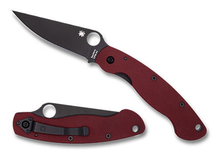 The Military  Model G-10 Red CPM 4V Black Blade Exclusive Knife shown opened and closed.