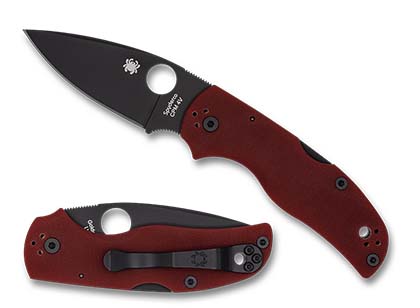 The Native  5 Red G-10 CPM 4V Black Blade Exclusive Knife shown opened and closed.