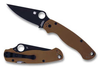The Para Military  2 Earth Brown G-10 CPM S35VN Black Blade Exclusive Knife shown opened and closed.