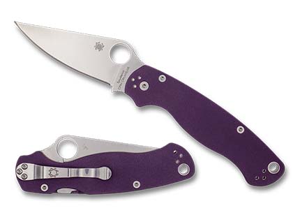 The Para Military  2 Purple G-10 CPM CRU-WEAR Exclusive Knife shown opened and closed.