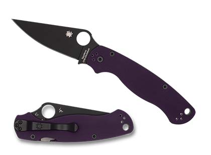 The Para Military  2 Purple G-10 CPM CRU-WEAR Black Blade Exclusive Knife shown opened and closed.