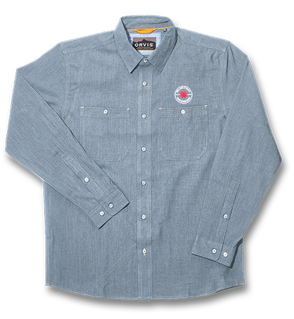 The Orvis® Men's Tech Chambray Work Shirt Blue Long Sleeve shown open and closed