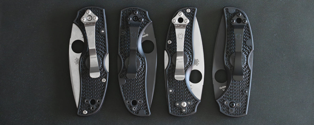 4 knives showing the pocket clip set to different carry options.