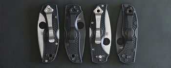 4 knives showing the pocket clip set to different carry options.
