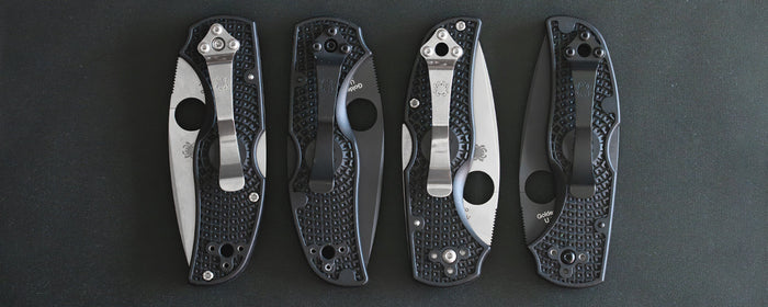 4 knives showing the pocket clip set to different carry options.