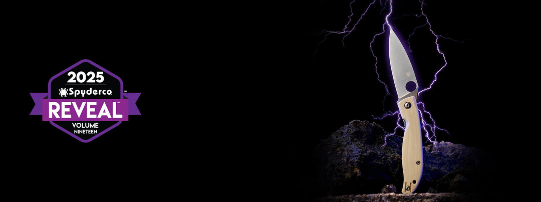 An image of a Spyderco New Product Reveal cover shot.  Knife standing proud on a mountain with the sun and clouds in the background.