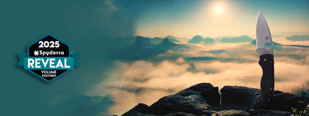 An image of a Spyderco New Product Reveal cover shot.  Knife standing proud on a mountain with the sun and clouds in the background.