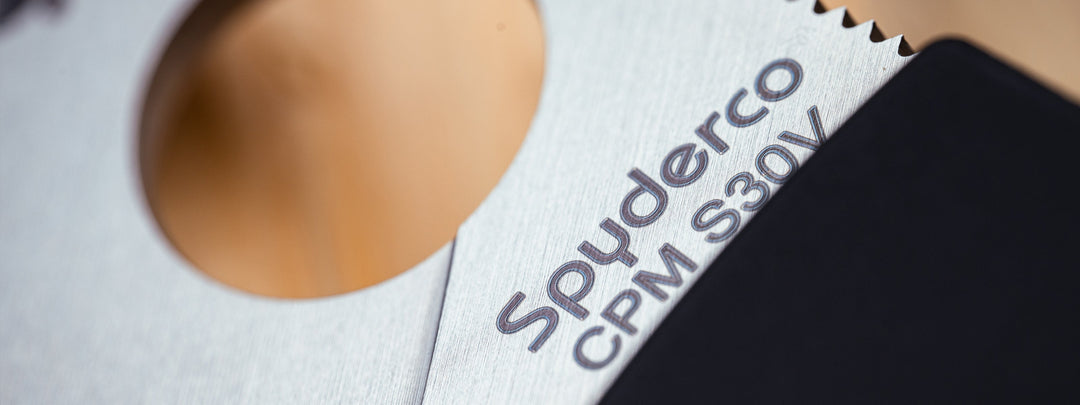 A close-up image of the blade markings on a Spyderco knife.