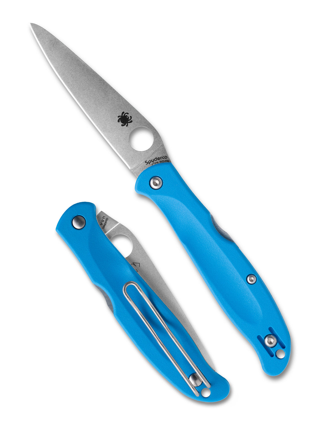 Spyderco Charisma Lightweight C259PBL with blue FRN handle shown open and closed