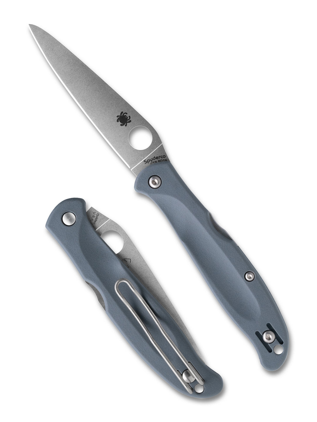 Spyderco Charisma Lightweight C259PGY with gray FRN handle shown open and closed