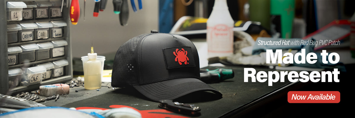 Structured hat with red Bug PVC patch. Made to represent. Now available.