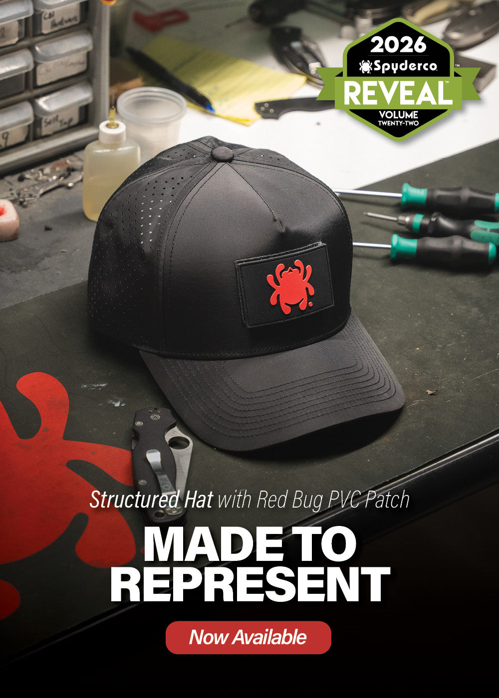 Structured hat with red Bug PVC patch. Made to represent. Now available.