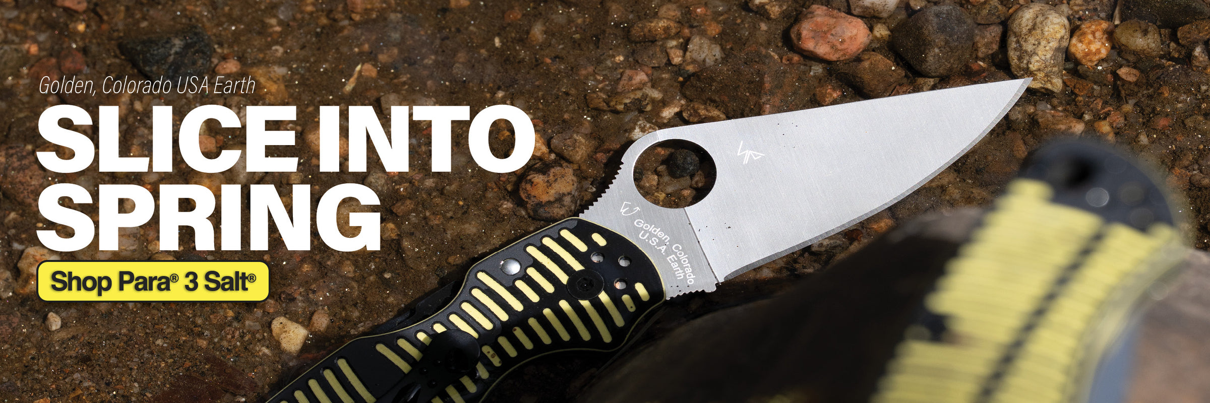 Image of a Black and Yellow Para 3 Salt under water. Text says "Golden, Colorado USA Earth" then "Slice Into Spring" then "Shop Para 3 Salt". 