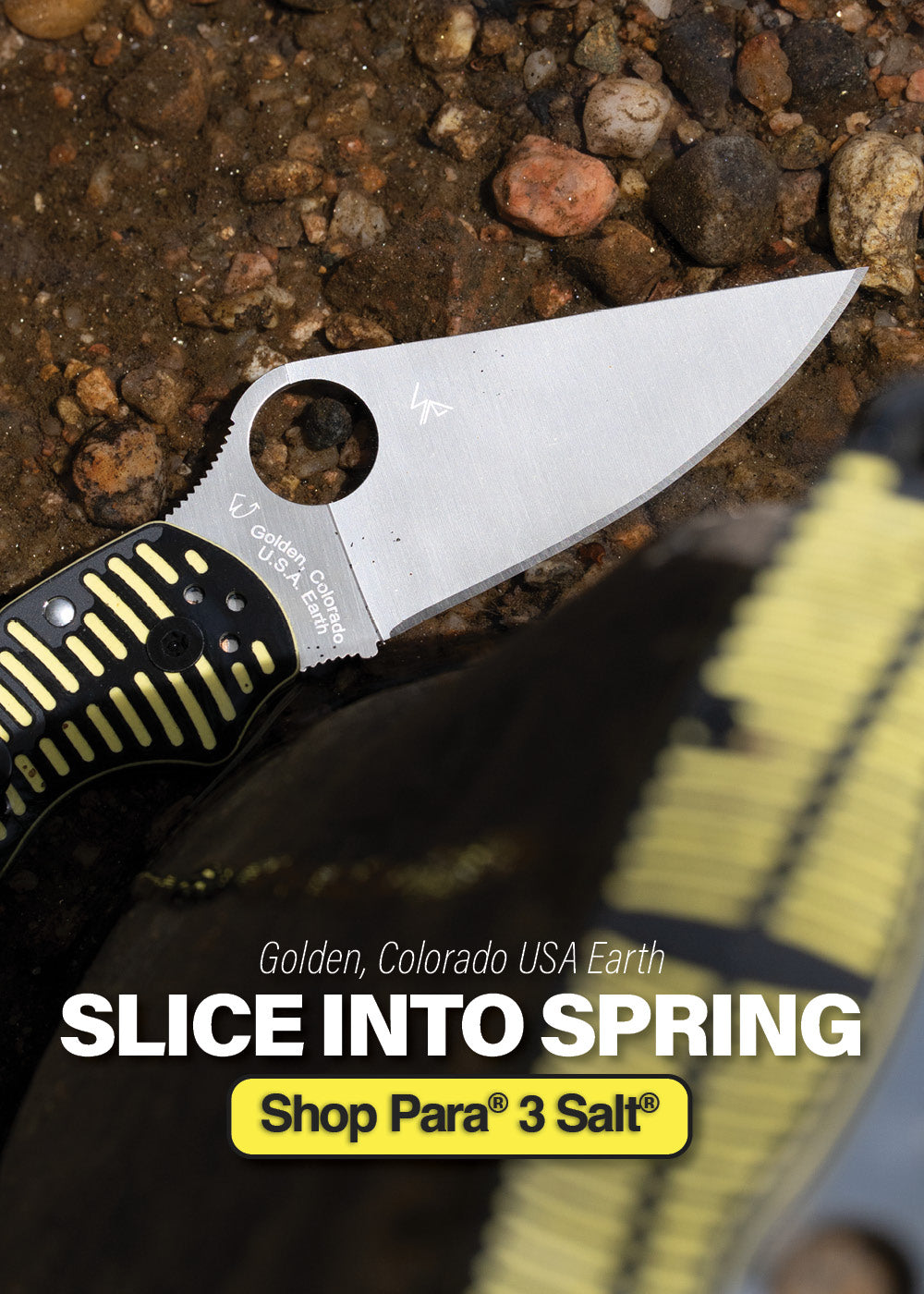 Image of a Black and Yellow Para 3 Salt under water. Text says "Golden, Colorado USA Earth" then "Slice Into Spring" then "Shop Para 3 Salt". 