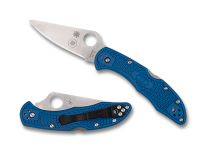 The Delica  4 Blue NLEOMF Knife shown opened and closed.