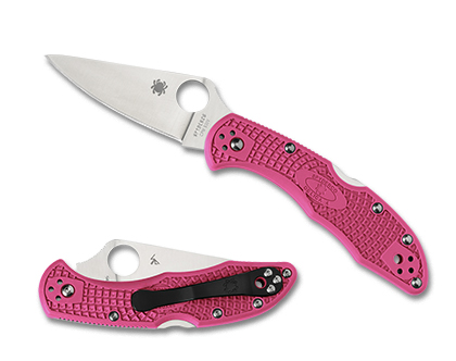 The Delica  4 FRN Pink Knife shown opened and closed.