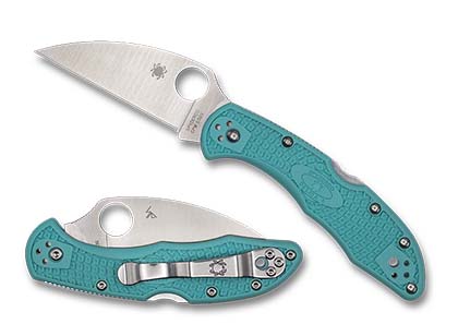The Delica® 4 Teal FRN CPM S30V Wharncliffe Exclusive shown open and closed