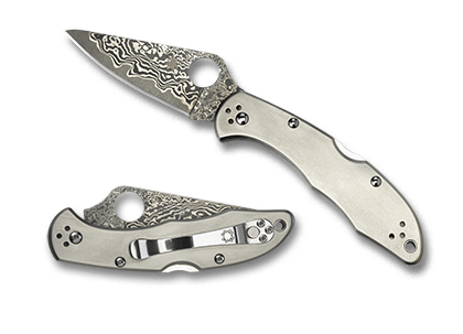 The Delica  4 Ti   Damascus Knife shown opened and closed.