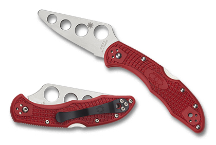 The Delica  4 FRN Red Trainer Knife shown opened and closed.