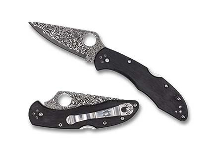 The Delica  4 Black Pakkawood Damascus Exclusive Knife shown opened and closed.