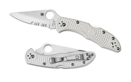The Delica  4 White FRN Knife shown opened and closed.