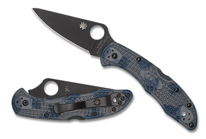 The Delica  4 Gray-Blue Zome Super Blue Black Blade Sprint Run  Knife shown opened and closed.