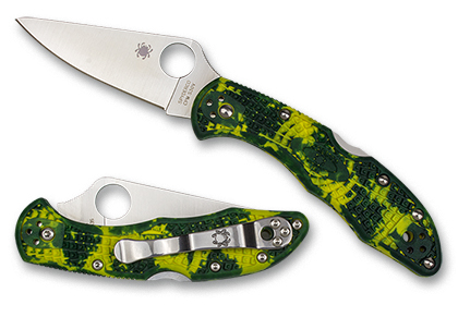 The Delica  4 FRN Yellow Green Zome Exclusive Knife shown opened and closed.