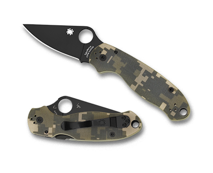 The Para  3 G-10 Camo Black Blade Knife shown opened and closed.