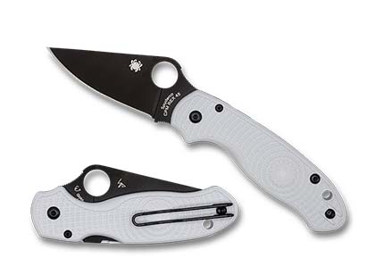 The Para  3 White FRN CPM REX 45 Black Blade Exclusive Knife shown opened and closed.