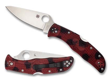 The Endela  Lightweight Red Black Zome CPM 20CV Exclusive  Knife shown opened and closed.