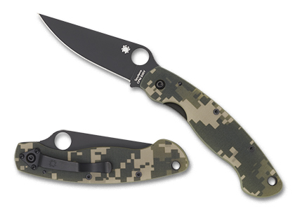 The Military  Model G-10 Camo   Black Blade Knife shown opened and closed.