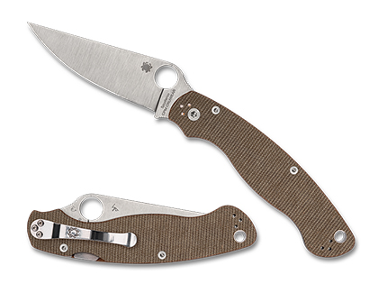 The Military  2 Brown Canvas Micarta CPM CRU-WEAR Knife shown opened and closed.