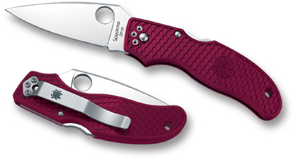 The Calypso Jr   Burgundy FRN Knife shown opened and closed.