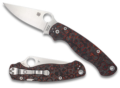 The Para Military  2 Red Fat Carbon Fiber CPM M4 Black Blade Exclusive Knife shown opened and closed.