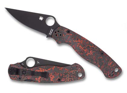 The Para Military  2 Red Fat Carbon Fiber CPM M4 Black Blade Exclusive Knife shown opened and closed.