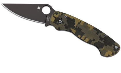 The Para Military  Digital Camouflage Black Blade Knife shown opened and closed.