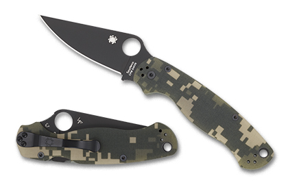 The Para Military  2 G-10 Camo Black Blade Knife shown opened and closed.