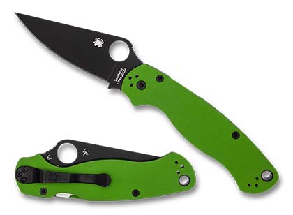 The Para Military  2 Neon Green G-10 CPM 20CV Black Blade Exclusive  Knife shown opened and closed.