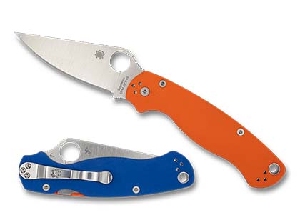 The Para Military  2 Orange   Blue G-10 CPM REX 45 Exclusive Knife shown opened and closed.