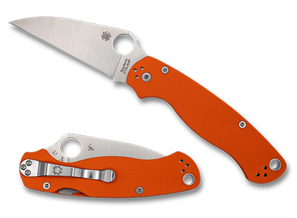 The Para Military  2 Orange G-10 CTS XHP Wharncliffe Exclusive Knife shown opened and closed.