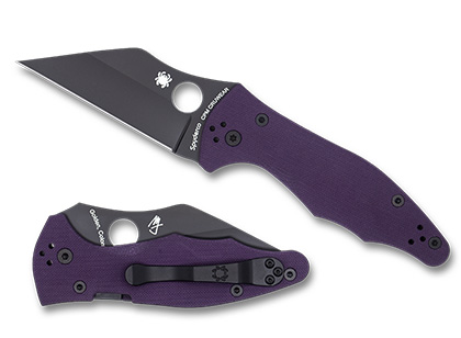 The Yojimbo  2 Purple G-10 CPM CRU-WEAR Black Blade Exclusive Knife shown opened and closed.