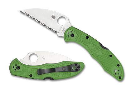The Salt  2 Green LC200N Wharncliffe Knife shown opened and closed.