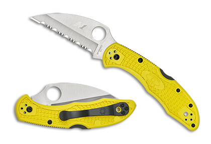 The Salt  2 FRN Yellow Wharncliffe SpyderEdge Knife shown opened and closed.