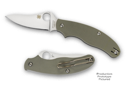 The UK Penknife  Foliage Green G-10 Drop Point Knife shown opened and closed.